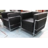 ARMCHAIRS, a pair, Le Corbusier style black leather on chrome supports, 75cm W x 67cm H x 67cm D.