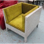 ARMCHAIR, in green squared fabric on eggshell frame with square supports, 75cm W.