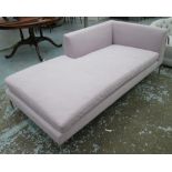 CHAISE LONGUE, lilac alacantara upholstery on chrome feet.