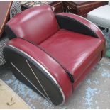 ARMCHAIR, Art Deco style jazz chair in tanned leather with black and chrome trim, 90cm W.