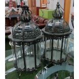 CANDLE LANTERNS/'CROWN TOPS', a pair, 19th century style oval glass sides in metal frames,