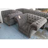 CHESTERFIELD ARMCHAIRS, a pair, in grey buttoned fabric on turned castor supports, 124cm W.