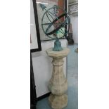 ARMILLARY SUNDIAL, in metal on reconstituted stone plinth, 181cm H.