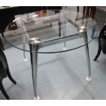 DINING TABLE, with circular glass top on chromed metal supports, 100cm diam x 72cm H.