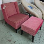 ARMCHAIR, and footstool in pink striped chenille, chair 75cm x 88cm H x 77cm.