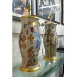 POTICHOMANIA LAMPS, a pair, handmade, with religious and allegorical image decoration, 49cm H.