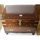 MAHOGANY BRASS BOUND WORK BOX WITH INTEGRAL FITTED TRAY, BRASS INLAY & SINGLE DRAWER BENEATH