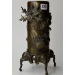 19TH CENTURY JAPANESE BRONZE DECORATIVE VASE OF CYLINDRICAL FORM ON ELEPHANT MASK STAND WITH