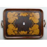 22½" X 17" POKER WORK ROSE DESIGN DOUBLE HANDLED SERVING TRAY