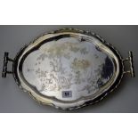 16" X 11" FINE CHINESE EXPORT SILVER SERVING TRAY WITH DOUBLE BAMBOO DESIGN HANDLES, BAMBOO DESIGN