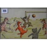 LOUIS WILLIAM WAIN (1860-1939) "FOOTBALL"  7" X10" EBONISED FRAMED INK AND WATER COLOUR, SIGNED