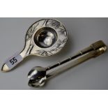 PAIR OF CHINESE WHITE METAL BAMBOO DESIGN SUGAR TONGS & CHINESE SILVER BAMBOO DESIGN TEA STRAINER