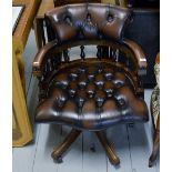 BROWN LEATHER CAPTAINS SWIVEL CHAIR WITH GALLERY STYLE BACK