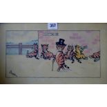 LOUIS WILLIAM WAIN (1860-1939) "CATTON GARDENS", 14¼" X 8¼" FRAMED INK & WATER COLOUR, SIGNED