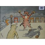 LOUIS WILLIAM WAIN (1860-1939) "KING OF THE RING" 8" X 11" FRAMED INK AND WATER COLOUR, SIGNED LOWER