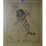 LOUIS WILLIAM WAIN (1860-1939) "ON STRIKE" 10½" X 9" EBONISED FRAMED PENCIL DRAWING SIGNED LOWER