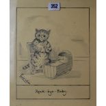 LOUIS WILLIAM WAIN (1860-1939) "ROCK-BYE-BABY" 10" X 8" EBONISED FRAMED PENCIL DRAWING, SIGNED LOWER