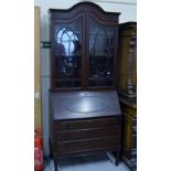 35" MAHOGANY BUREAU BOOKCASE WITH 3 DRAWERS, DOUBLE DOOR BOOKCASE TOP & FITTED WRITING BUREAU