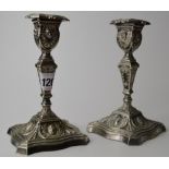 PAIR OF 6¼" ORNATE SHEFFIELD PLATE CANDLE STICKS WITH CHERUB MASK DECORATION