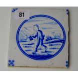 4¾" X 5" EARLY DELFT BLUE & WHITE DECORATIVE TILE - A SHEPHERD & HIS SHEEP