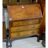 30" WALNUT 3 DRAWER WRITING BUREAU WITH FITTED INTERIOR ON BALL & CLAW FEET