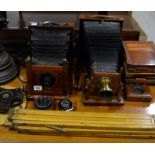 2 VICTORIAN MAHOGANY BELLOW CAMERAS WITH TRIPOD STAND & VARIOUS ACCESSORIES