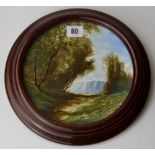 9½" DIAMETER HAND PAINTED DISPLAY PLATE IN MAHOGANY FRAME