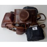 4 VARIOUS OLD CAMERAS - AGFA SUPER CAMERA WITH LEATHER CASE, PRAKTICA CAMERA WITH LEATHER CASE & 2