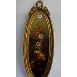 20" OVAL GILT FRAMED OIL PAINTING ON BOARD "STILL LIFE, VASE OF FLOWERS" SIGNED HARUL?