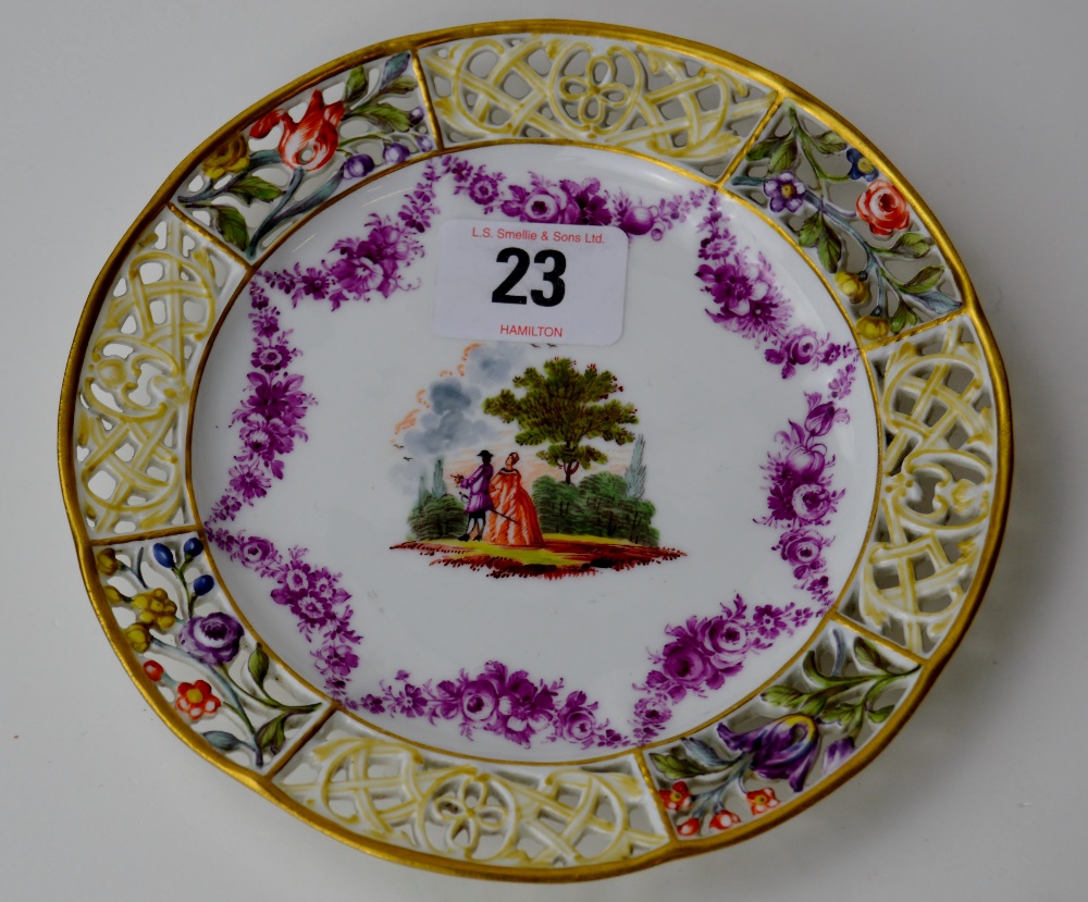 6" DIAMETER MEISSEN HAND PAINTED DECORATIVE PLATE WITH PIERCED RIM REG NUMBER 53