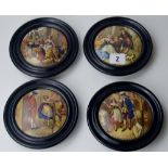 SET OF 4 FRAMED HAND PAINTED POT LIDS - GEORGIAN STREET SCENES