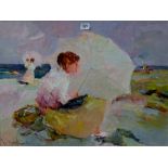 17½" X 24" GILT FRAMED OIL PAINTING ON CANVAS "LADY WITH PARASOL AT THE BEECH" SIGNED MONFORT