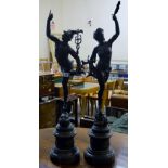 PAIR OF FINE 33" BRONZE STATUES - HERMES & GREEK GODDESS MOUNTED ON MARBLE BASES