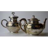 FINE 2 PIECE CHINESE EXPORT SILVER TEA SERVICE WITH BAMBOO DESIGN HANDLES & FINIALS & DECORATED WITH