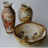 8½" DIAMETER JAPANESE SATSUMA BOWL, 8" JAPANESE SATSUMA VASE & 10" JAPANESE SATSUMA VASE