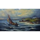 36" X 20" GILT FRAMED OIL PAINTING ON CANVAS "SAIL BOAT IN A CHOPPY SEA BY THE COAST