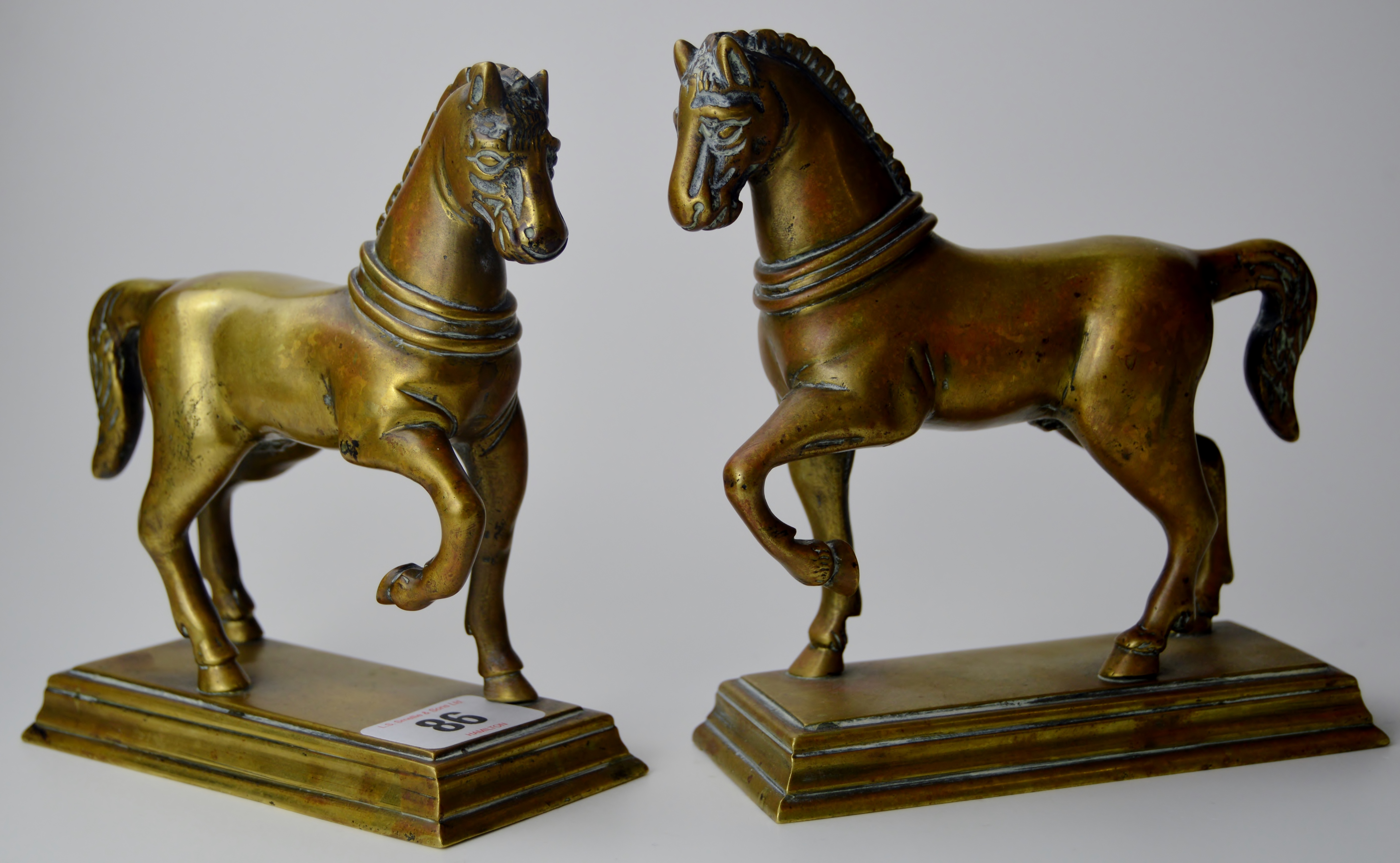 PAIR OF VICTORIAN HEAVY BRASS LEFT & RIGHT STATUETTES FORMED AS ROMAN STYLE HORSES MOUNTED ON