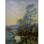 17½" X 23¼" FRAMED OIL PAINTING ON BOARD "FISHERMAN ON THE RIVER BANK" SIGNED J.E. SHEARER, DATED
