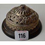 ORNATE LONDON SILVER PIERCED TABLE BELL ON EBONISED WOODEN STAND