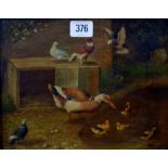 7½" X 9½" GILT FRAMED OIL ON BOARD "DUCK AND DUCKLINGS" SIGNED LOWER RIGHT -