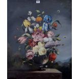 29½" X 24" GILT FRAMED OIL PAINTING ON CANVAS "STILL LIFE- VASE OF FLOWERS" SIGNED LOWER RIGHT -