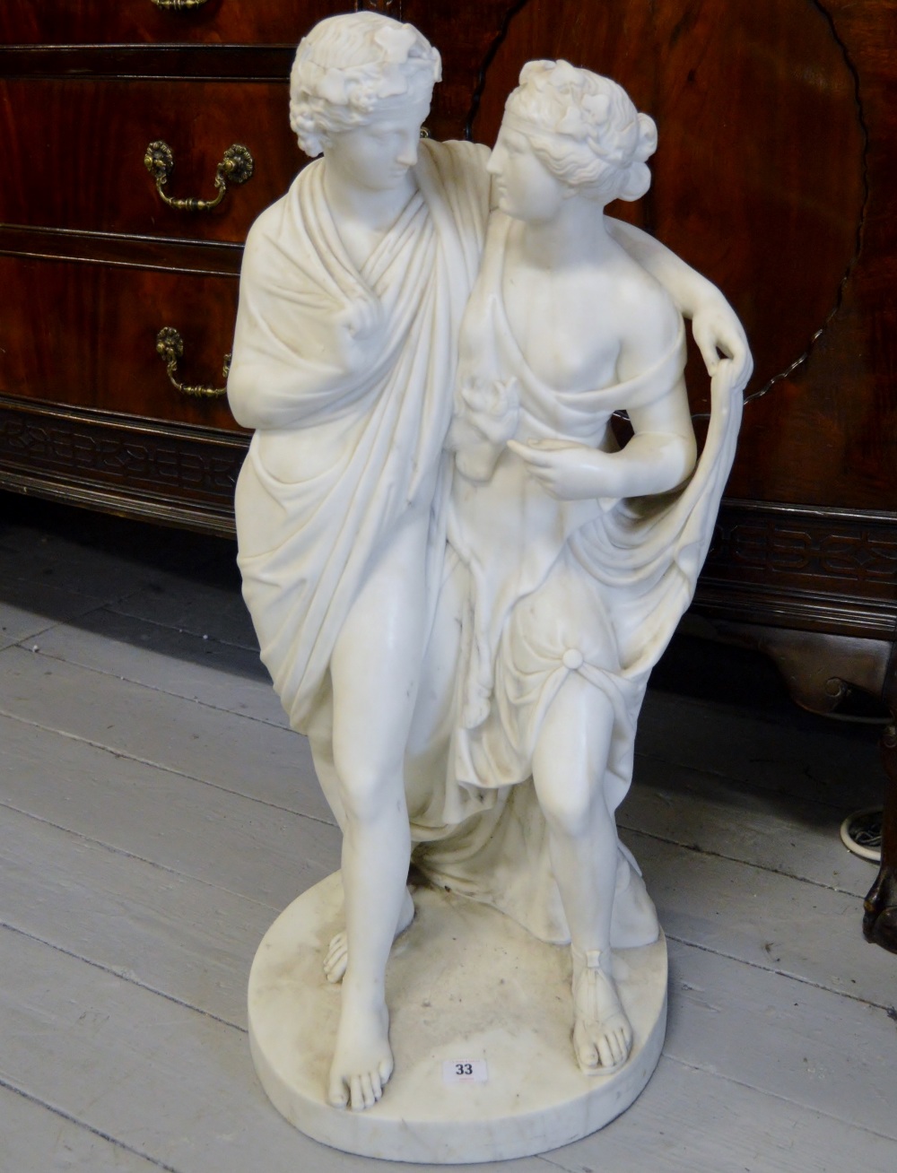 FINE 30" CARVED MARBLE DOUBLE STATUE OF GRECIAN LOVERS