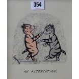 LOUIS WILLIAM WAIN (1860-1939) "AN ALTERCATION" 8" X 6" FRAMED INK AND WATER COLOUR, SIGNED LOWER