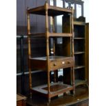 MAHOGANY 4 TIER DUMBWAITER WITH COLUMNED SUPPORTS & SINGLE DRAWER ON BRASS CASTERS