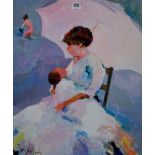 21½" X 18" FRAMED OIL PAINTING ON CANVAS "MOTHER AND CHILD UNDER PARASOL" SIGNED MONFORT