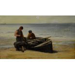 JOHN HENDERSON (1860-1924) 26¼" X 45" GILT FRAMED OIL PAINTING ON CANVAS "SEASCAPE - FISHERMEN