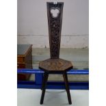 ARTS & CRAFTS DARK OAK CARVED SPINNING CHAIR WITH CELTIC STYLE DESIGN & DRAGON MOTIF DATED 1903