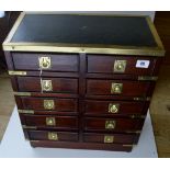 16" OAK CAMPAIGN STYLE COLLECTORS CHEST WITH 10 DRAWERS, BRASS FITTINGS & LEATHER TOP