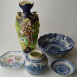 MIXED LOT OF ORIENTAL CERAMICS, JAPANESE BLUE & WHITE ARITA WARE BOWL, JAPANESE PHOENIX HANDLED