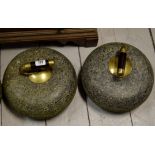 PAIR OF CURLING STONES WITH BRASS & MAHOGANY HANDLES